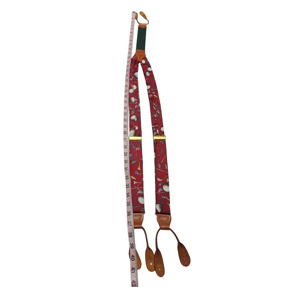 Polo Ralph Lauren Golf Motif Silk Embroidered‎ Suspenders Leather Heritage VTG
